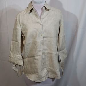 EUC Liz Claiborne Tan Linen 3/4 Tie Sleeve Top Sml